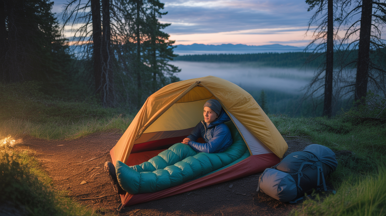 backpacker using sleeping bag for backpacking inside tent on forest trail at sunrise