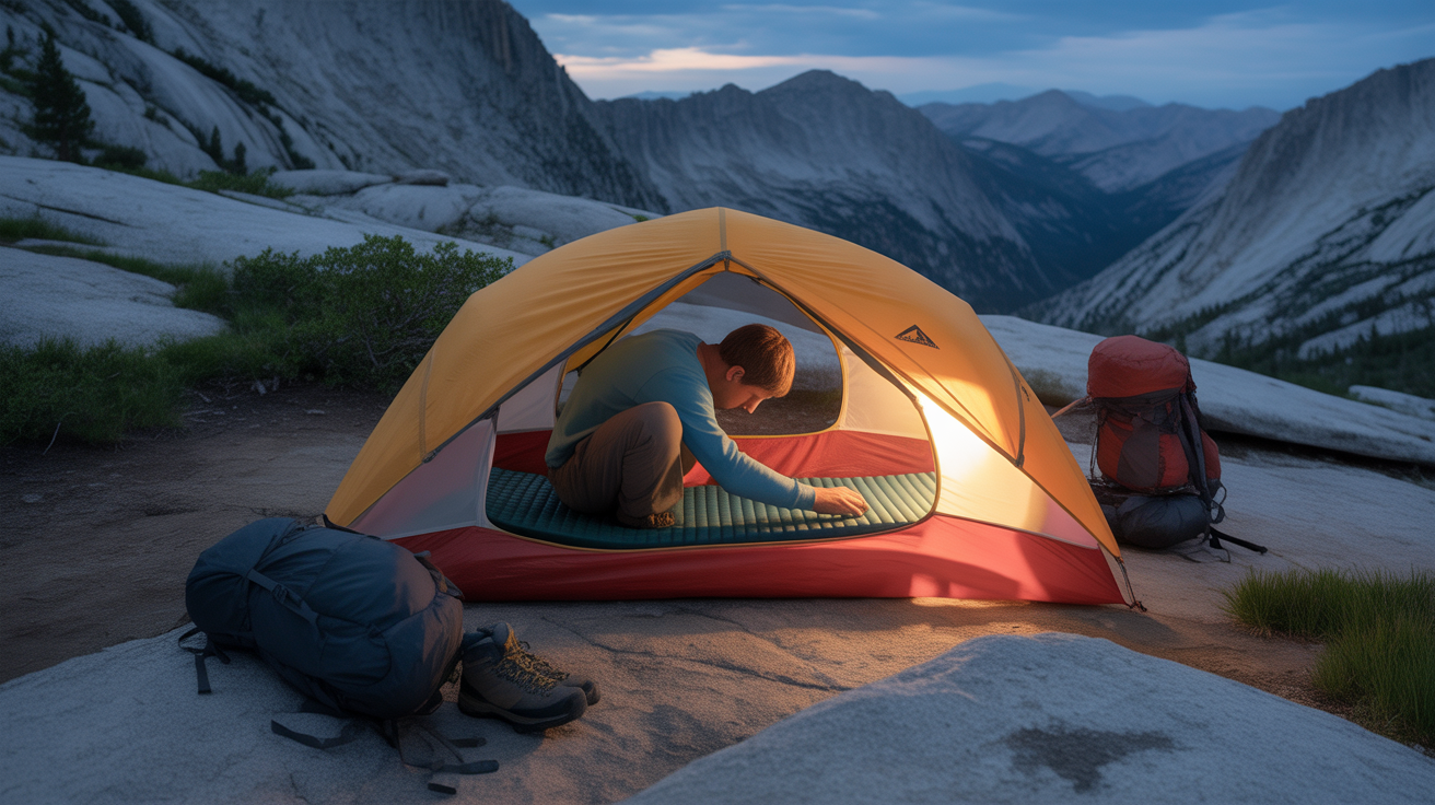 backpacker arranging best sleeping pad for backpacking inside tent at mountain campsite