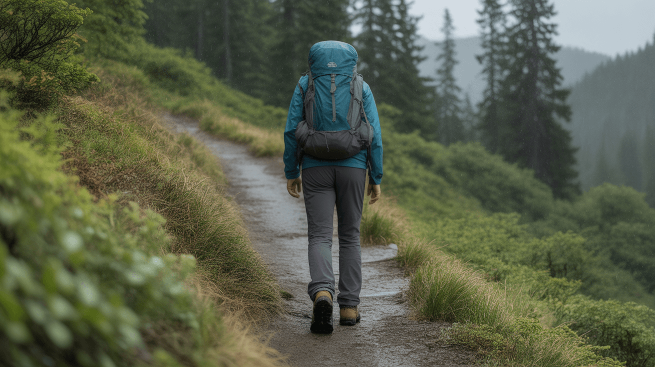 hiker wearing best softshell jacket for hiking on misty mountain trail