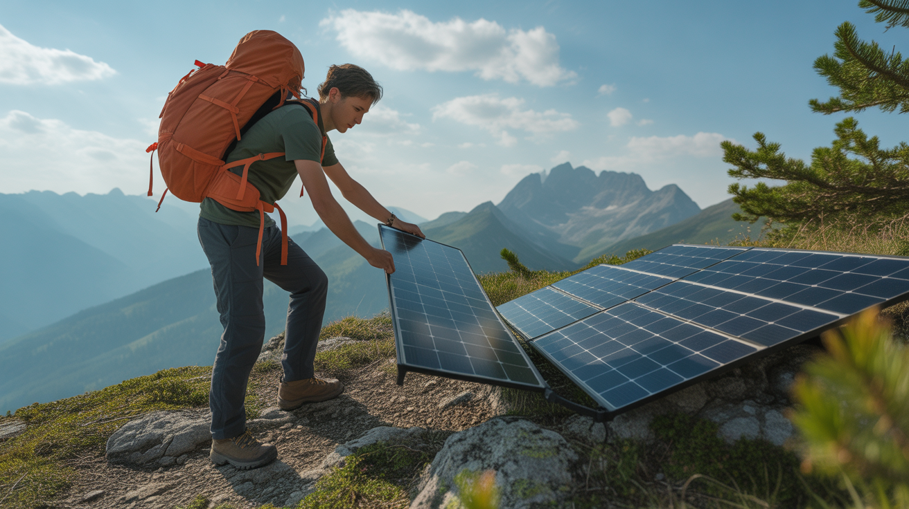 hiker setting up best solar charger for hiking on exposed mountain ridgeline with backpack and solar panel