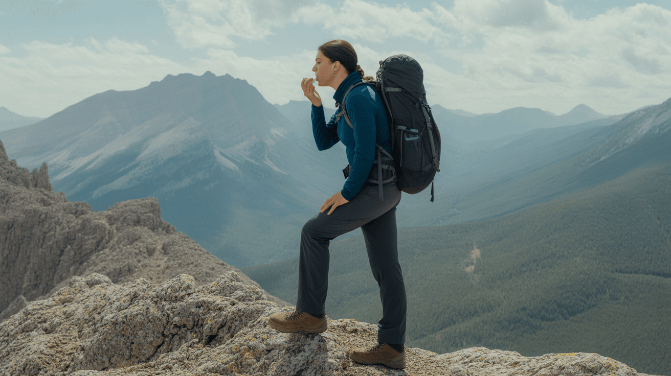 hiker applying best SPF lip balm for hiking on sunny mountain trail