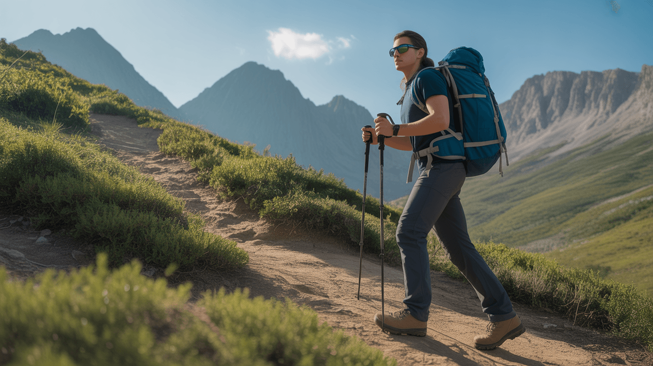 hiker wearing best sunglasses for hiking on sunny mountain trail with backpack