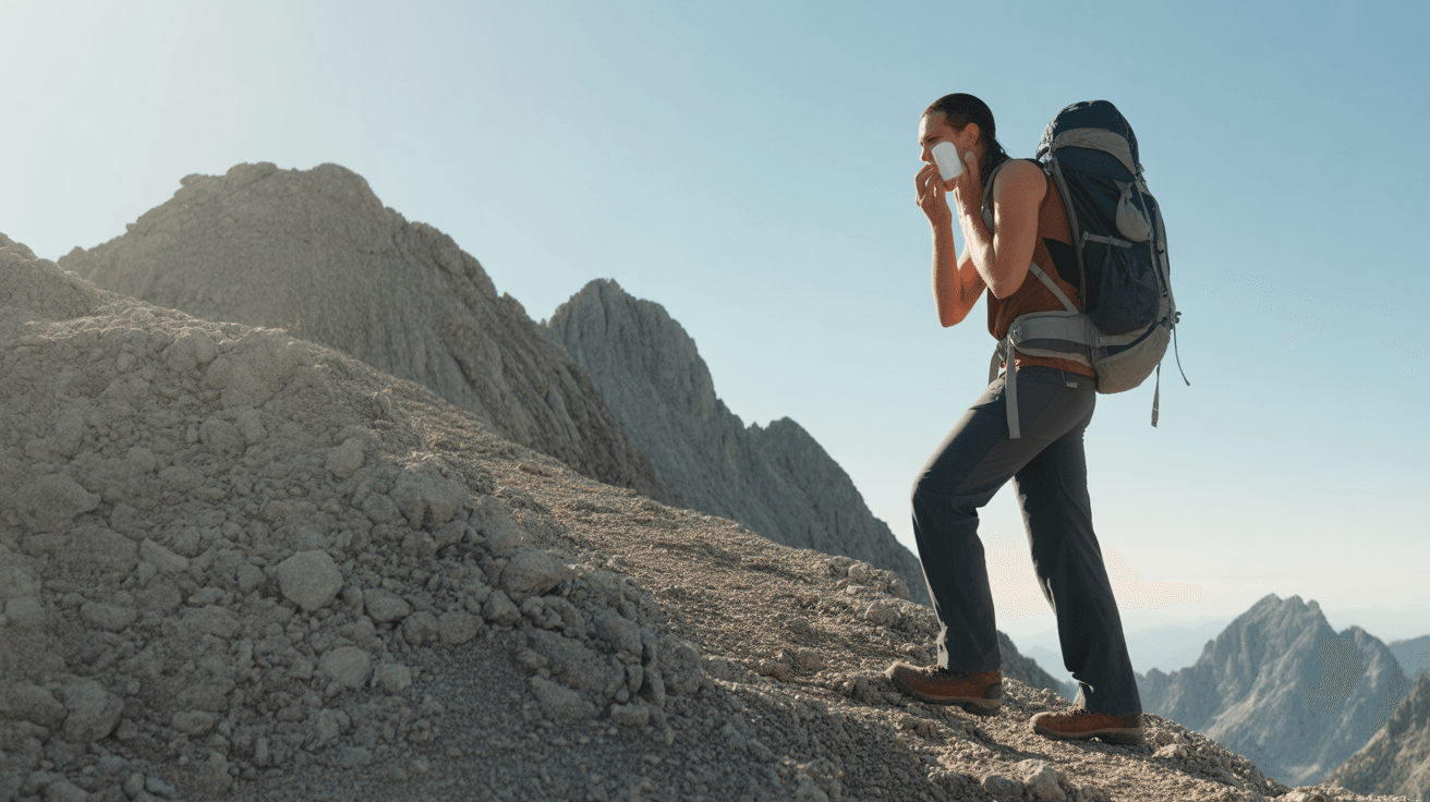 hiker applying best sunscreen for hiking on exposed ridgeline trail in bright mountain sunlight