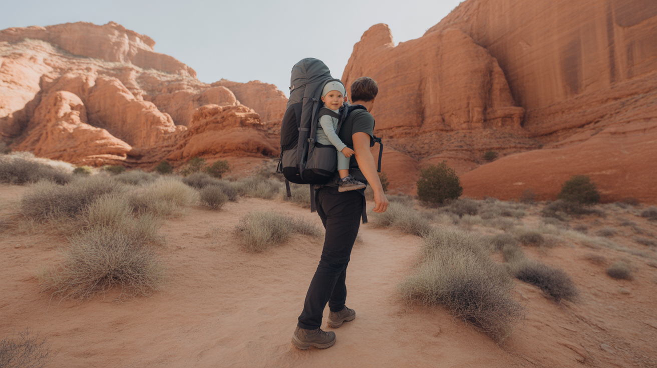 Parent carrying toddler in best toddler hiking carrier on desert trail