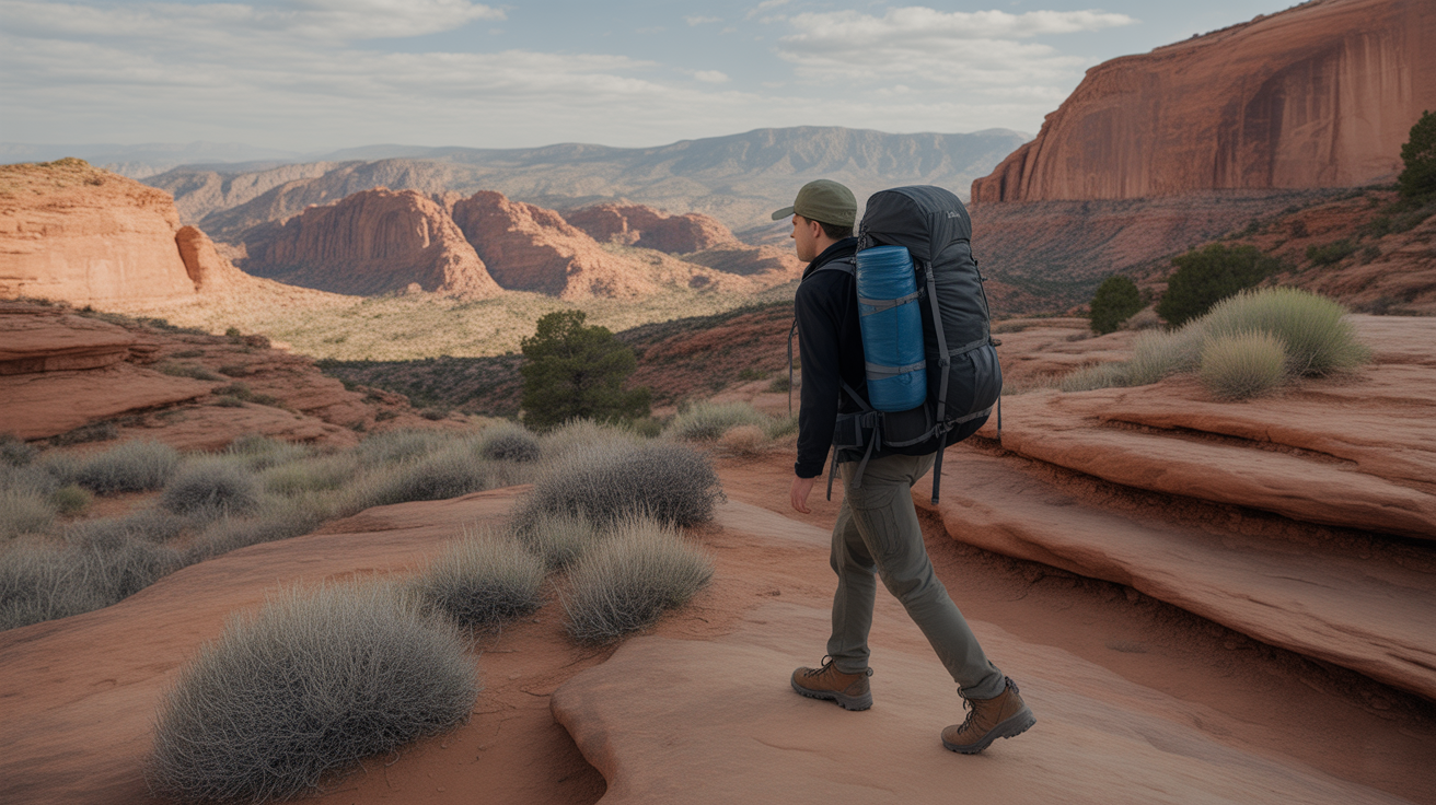 backpacker wearing hiking pants and boots carrying toilet paper on red rock desert trail demonstrating best toilet paper for backpacking