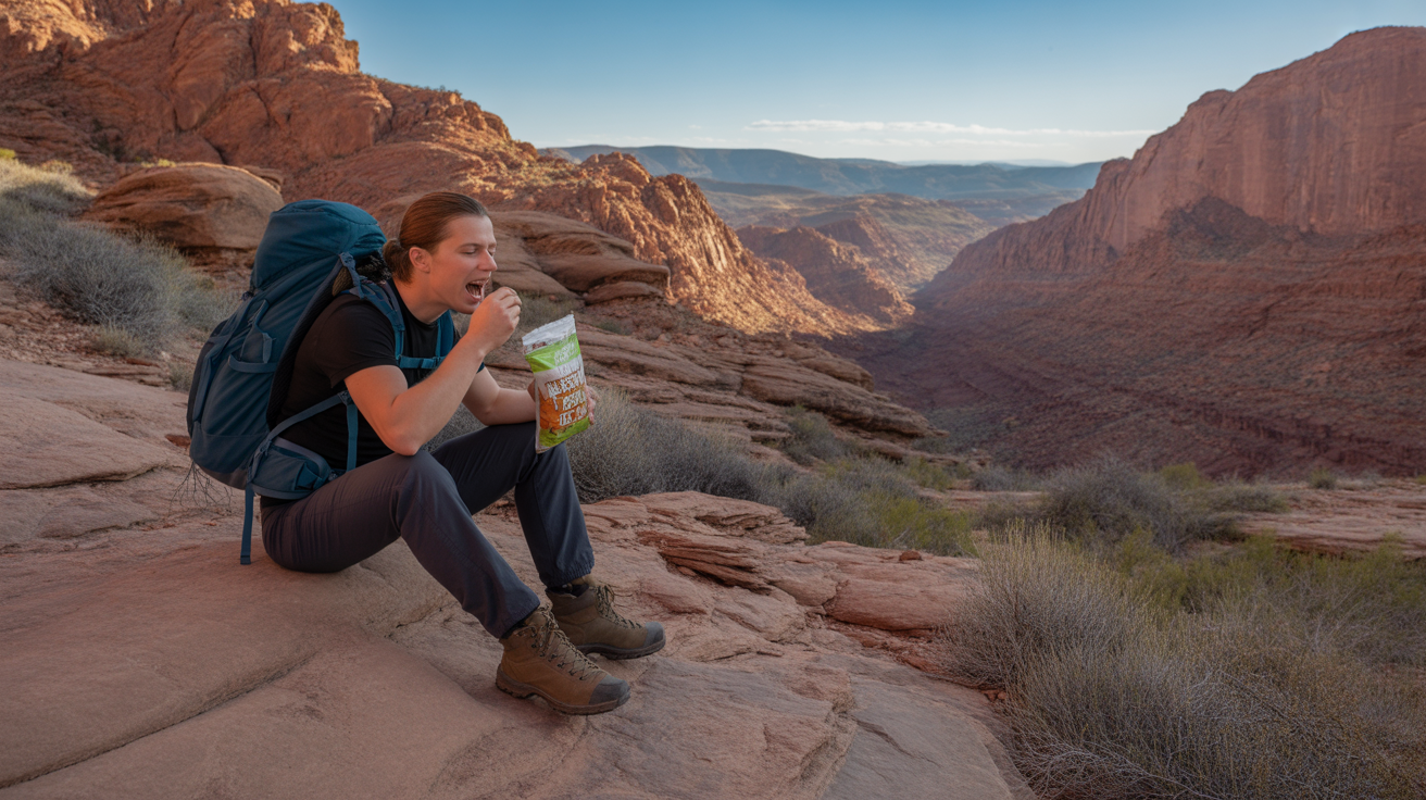 hiker eating best trail mix for hiking on desert trail with backpack