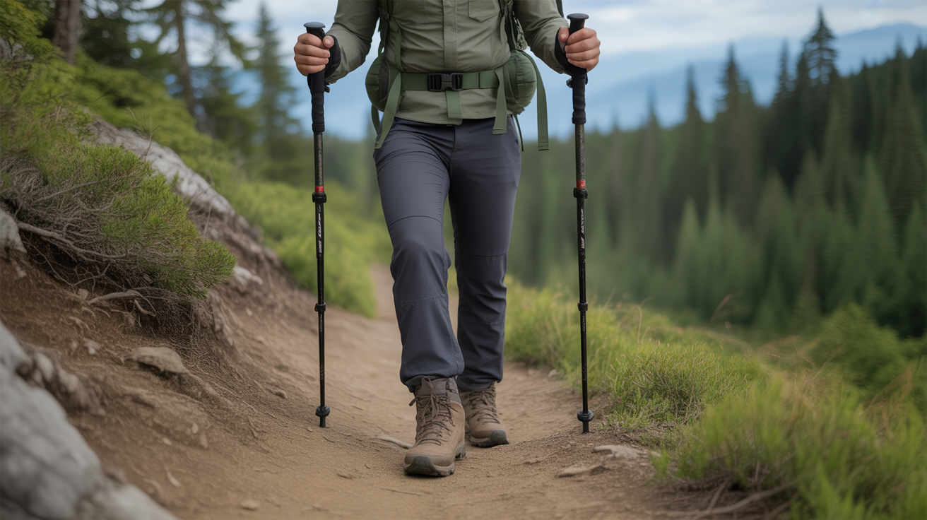 hiker using trekking poles with proper grip technique on mountain trail demonstrating best trekking pole grips for sweaty hands