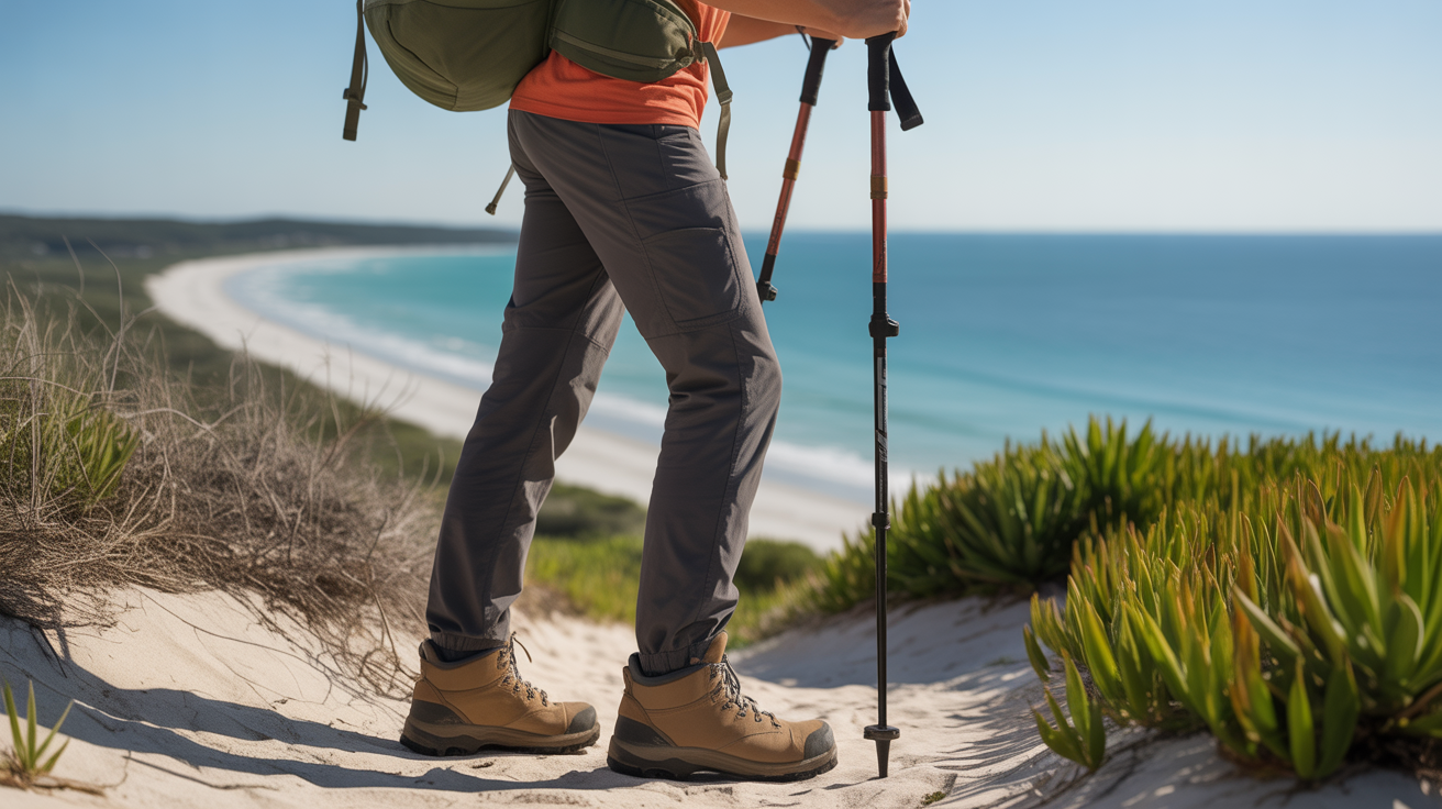 Hiker using trekking poles with rubber tips replacement on a Gulf Coast sandy trail