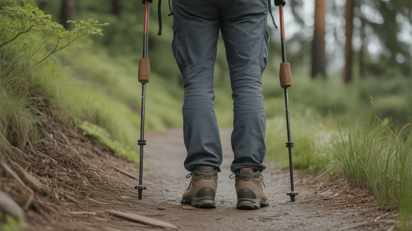 hiker using trekking poles with replacement tips and baskets on forest trail