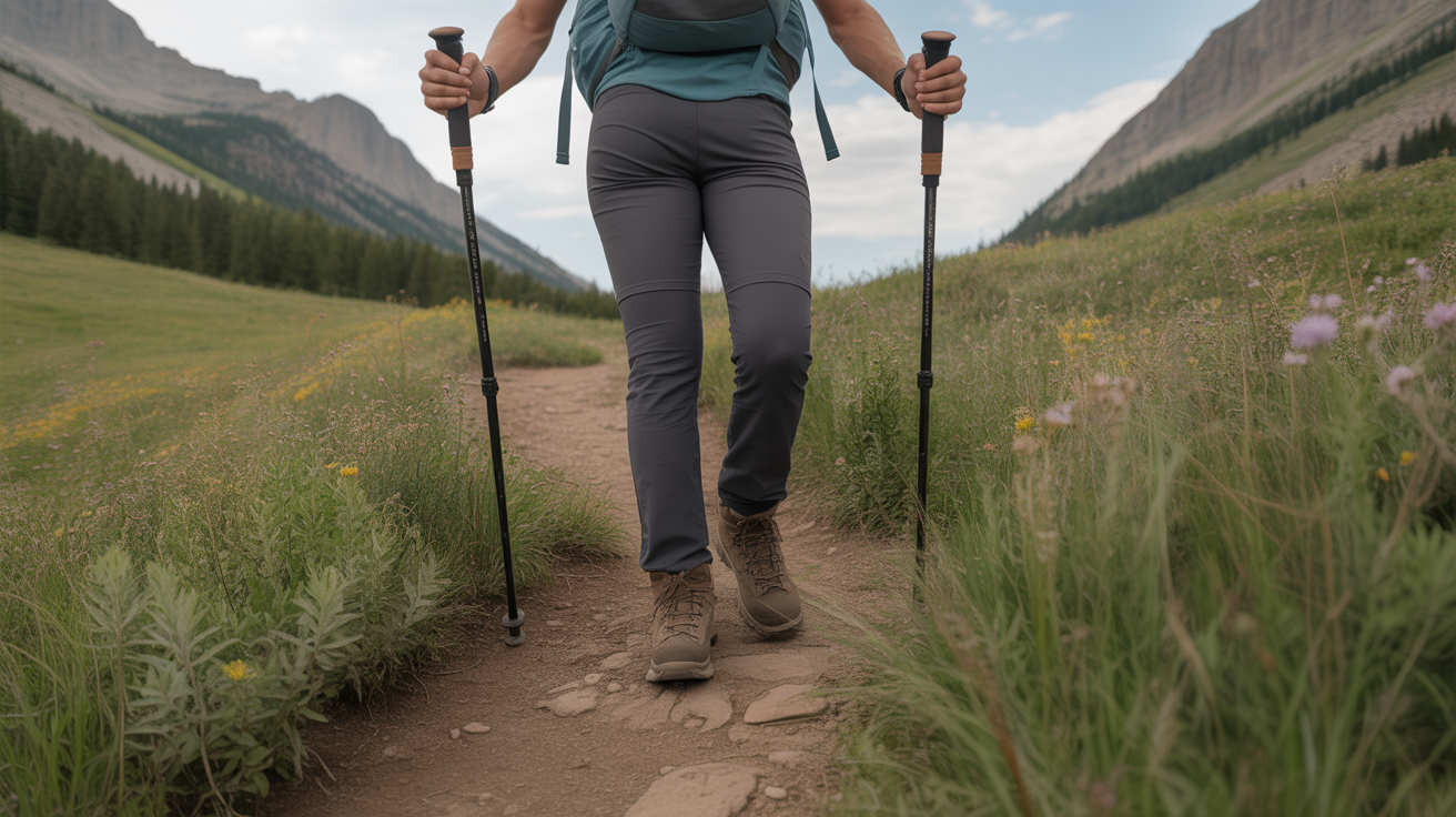 Hiker using trekking poles with padded wrist straps on a Rocky Mountain wildflower meadow trail