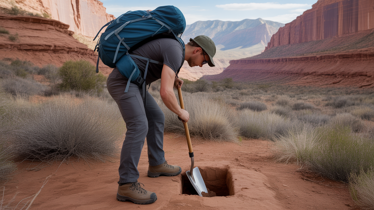 backpacker using best trowel for backpacking to dig cathole in desert terrain