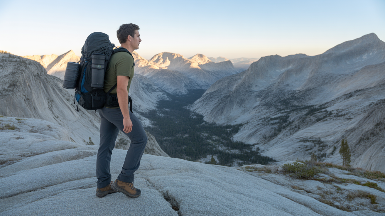Backpacker carrying the best ultralight backpack for backpacking on a High Sierra granite ridge trail