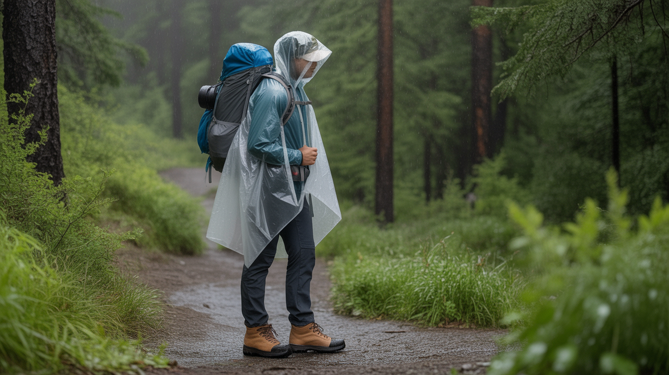 Hiker wearing best ultralight rain poncho for hiking on forest trail during rain shower