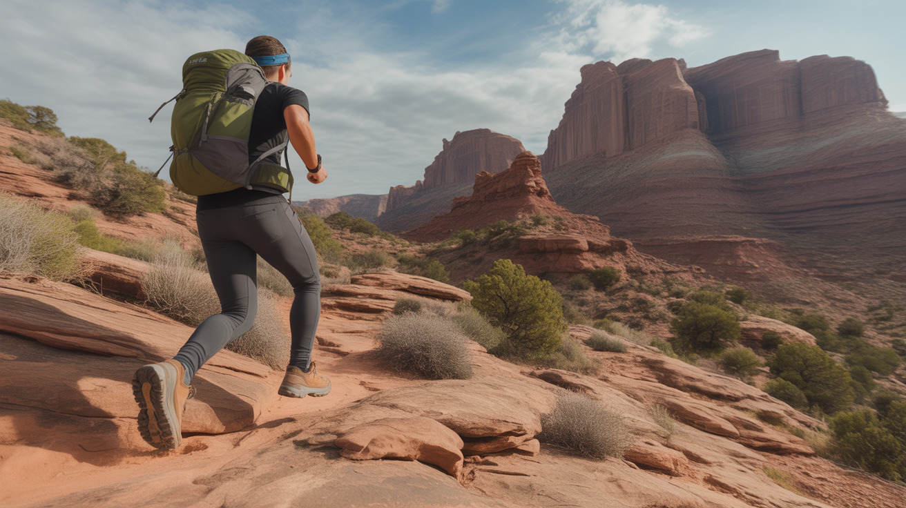 trail runner wearing best waist pack for trail running on desert trail with red rock canyon landscape