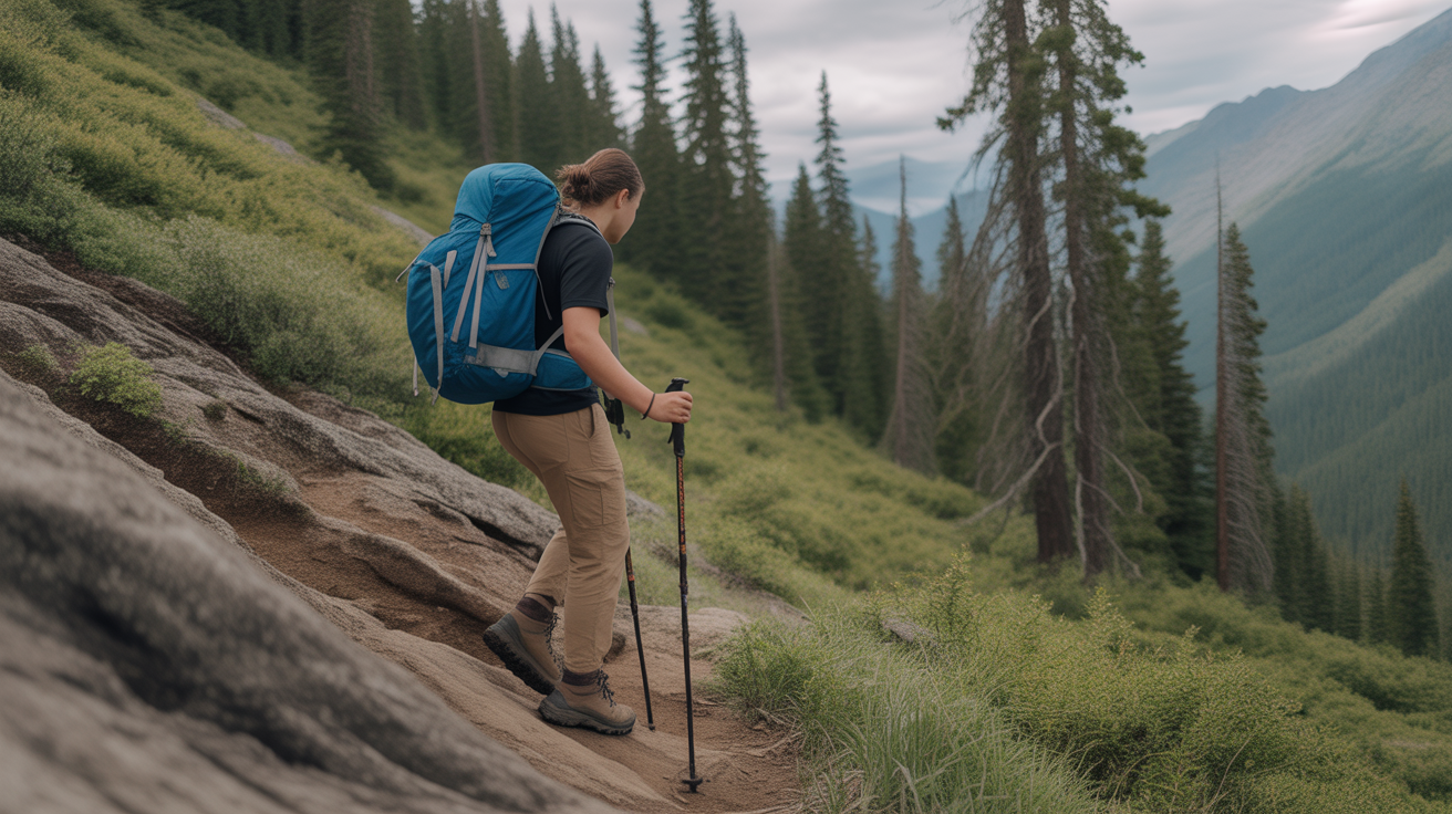 Hiker using best walking sticks for bad knees on steep mountain descent