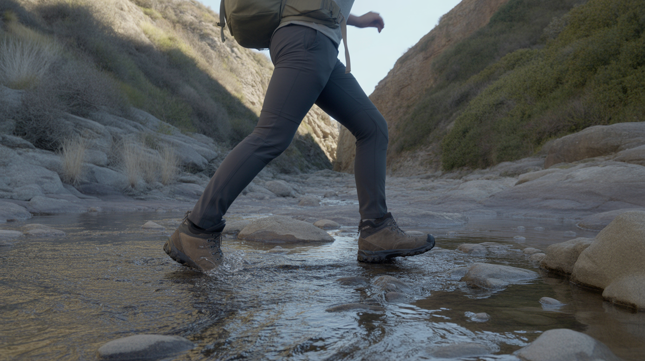 Hiker wearing the best water shoes for hiking crossing a rocky stream on a coastal trail