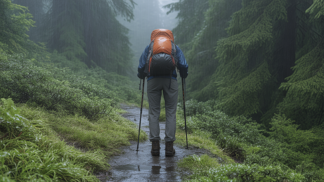 Hiker wearing best waterproof hiking gloves gripping trekking poles on a wet rainy trail in a Pacific Northwest forest