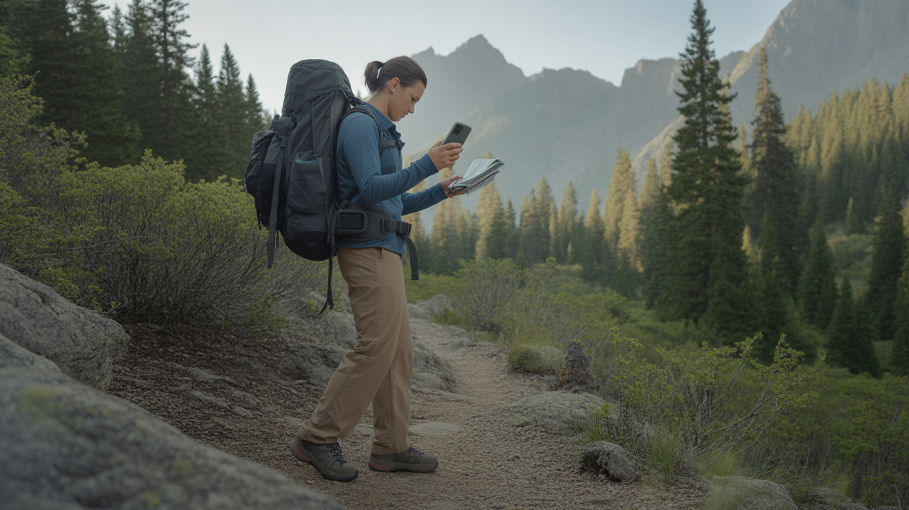 hiker using best waterproof phone case for hiking on forest trail