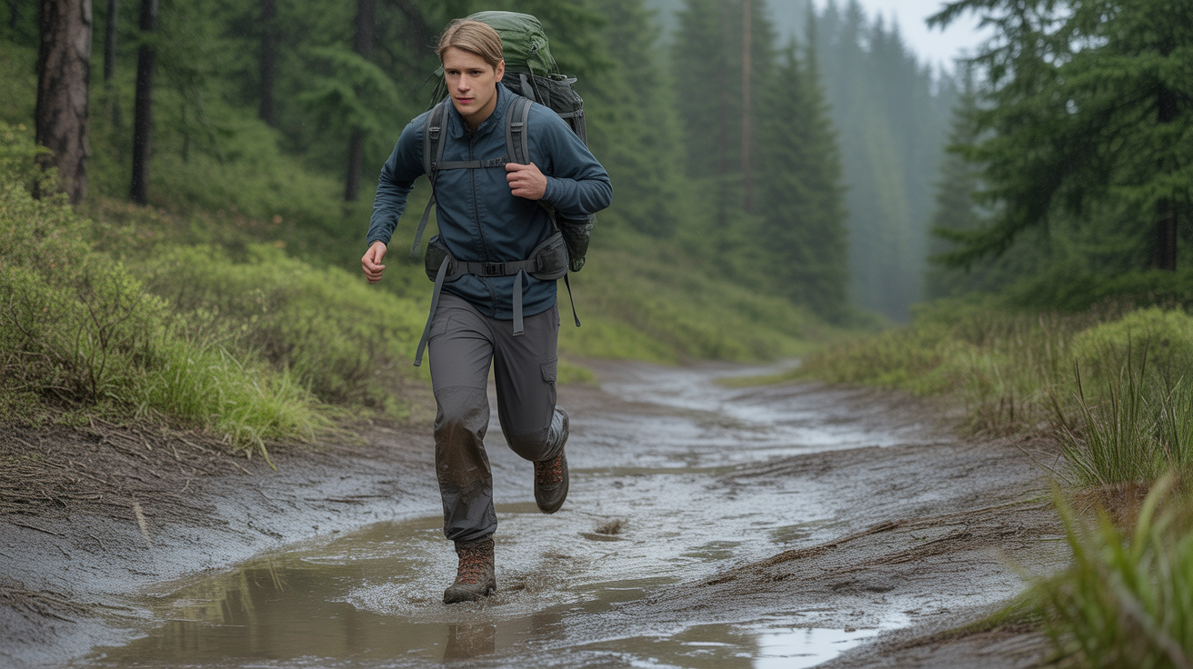 hiker wearing best waterproof trail runners on wet muddy forest trail