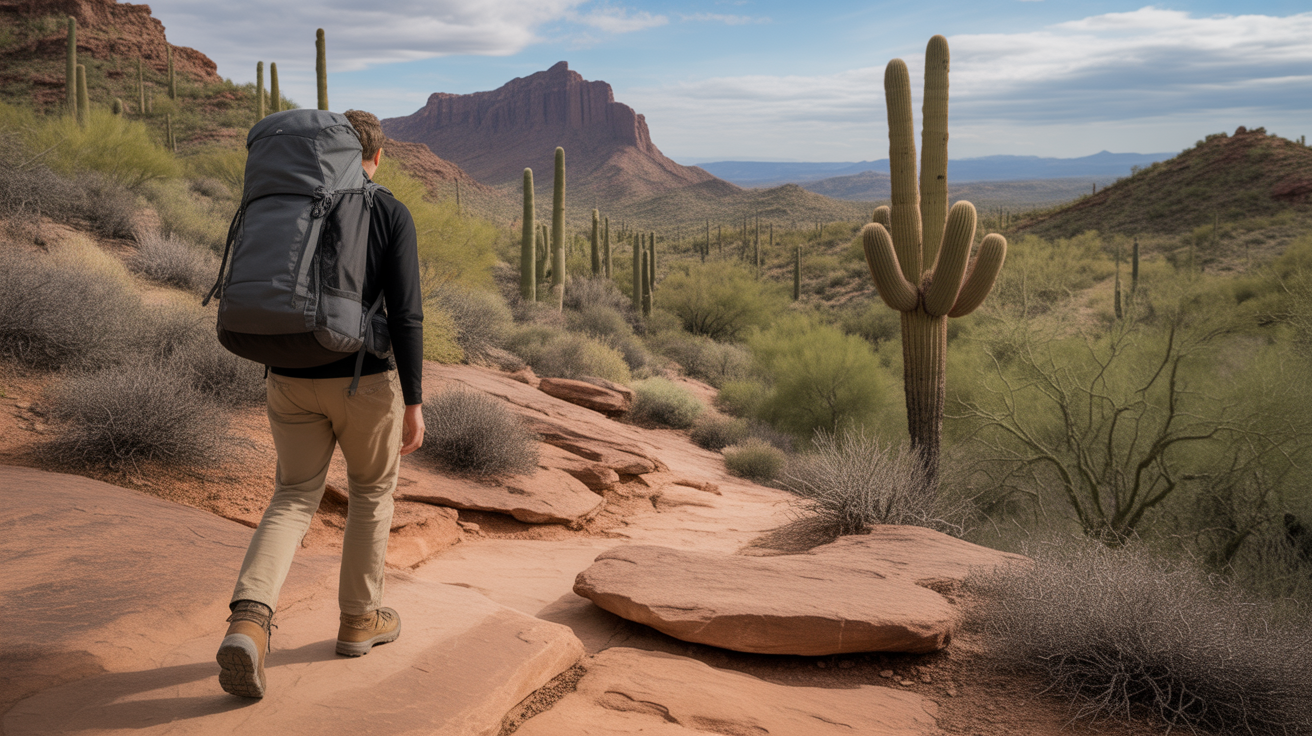 hiker wearing best wide hiking shoes on desert trail with red rock formations