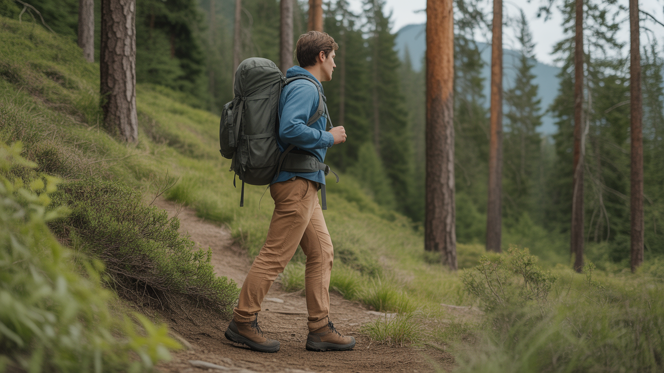 Hiker wearing wide toe box hiking boots walking comfortably on forest trail