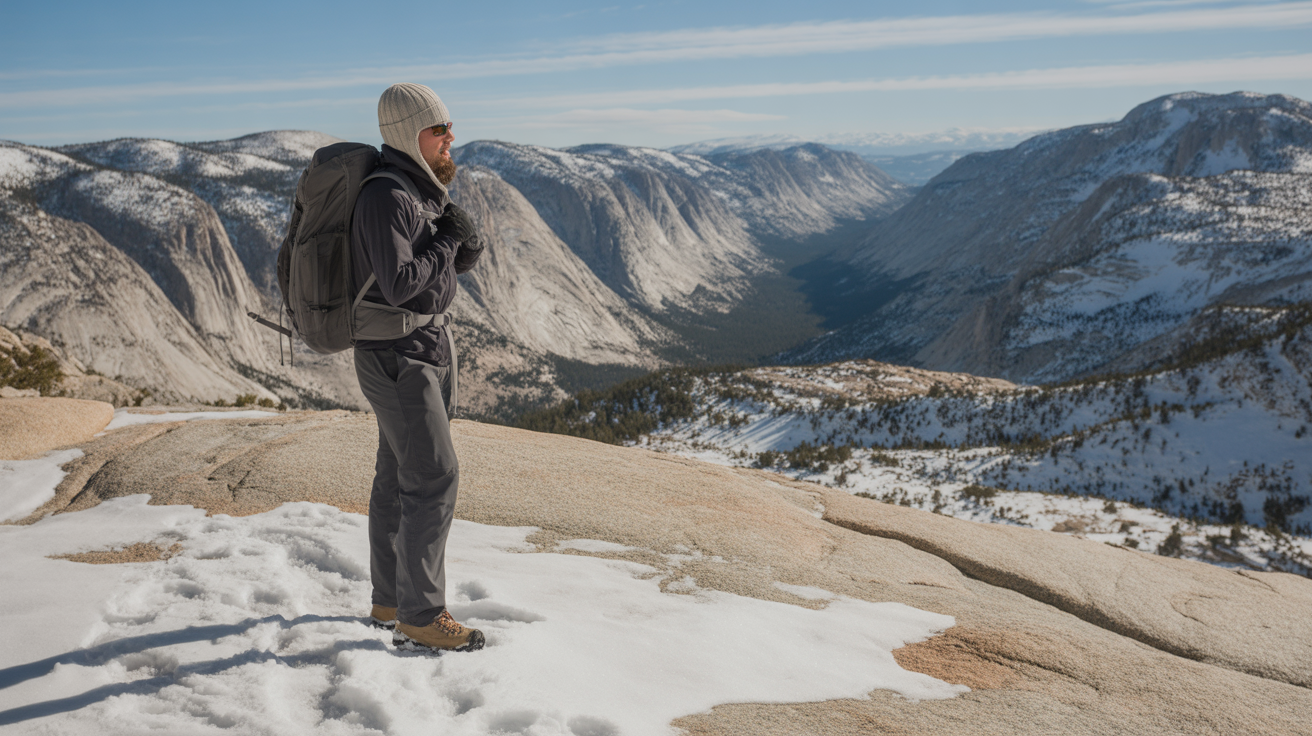 Hiker wearing the best winter hiking hat with ear flaps on a snow-covered High Sierra granite trail