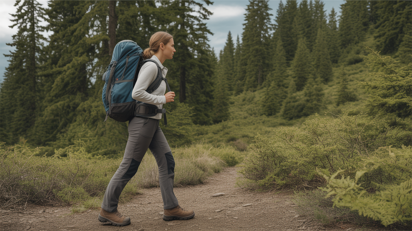 woman wearing best women's hiking pants walking on forest trail with backpack