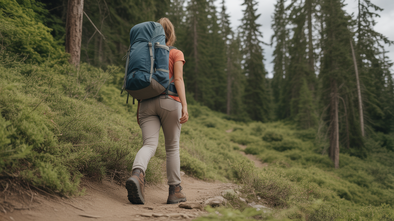 Woman hiking on forest trail wearing comfortable hiking boots for women with wide toe box
