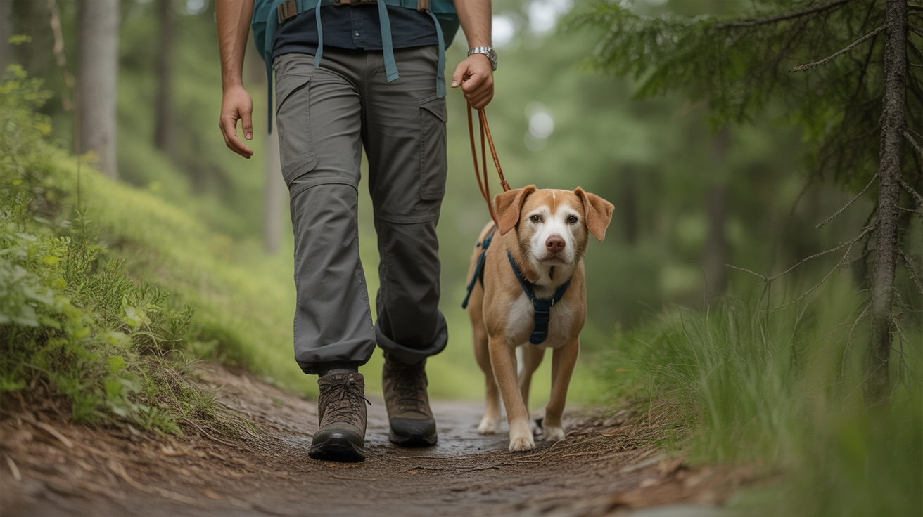 Hiker with dog on leash walking together on forest trail demonstrating hiking with a dog tips