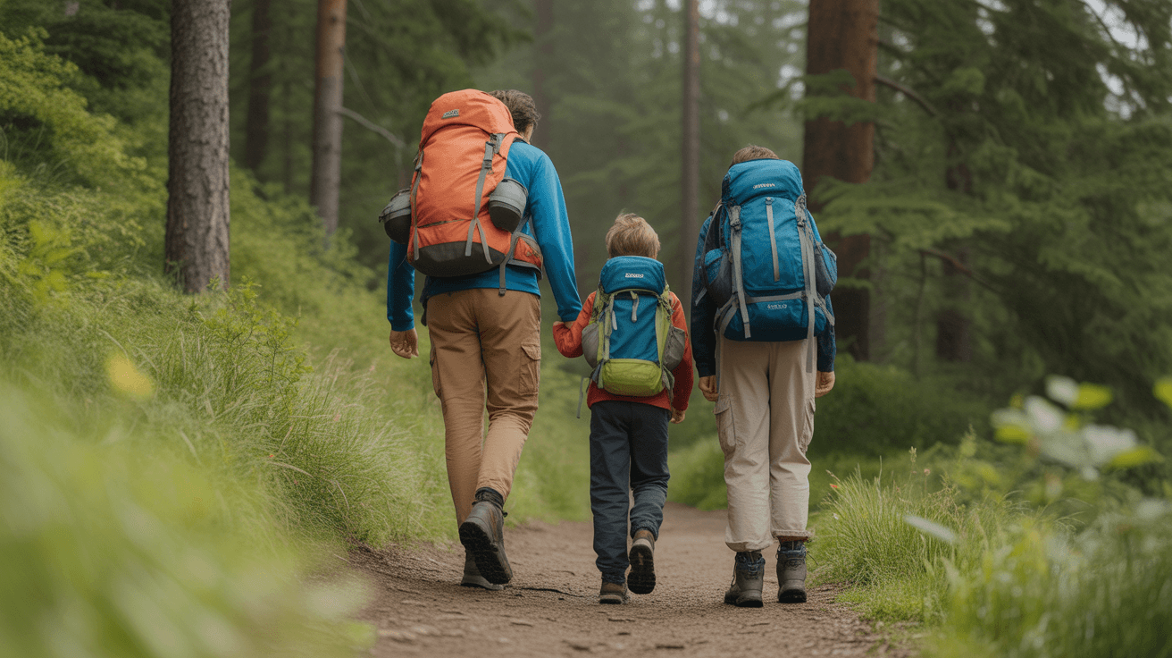 Parent hiking with kids on forest trail wearing backpacks and proper hiking clothing