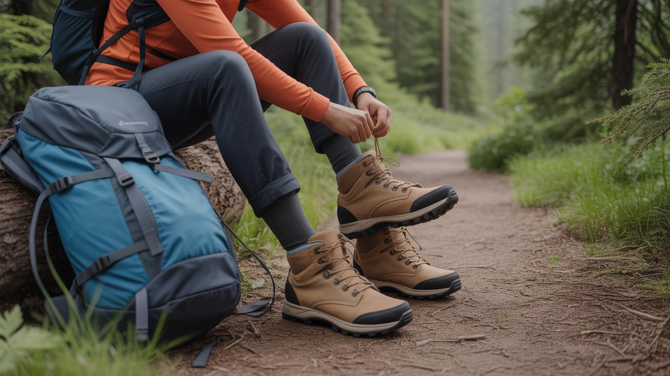 hiker breaking in hiking boots on forest trail preparing for day hike
