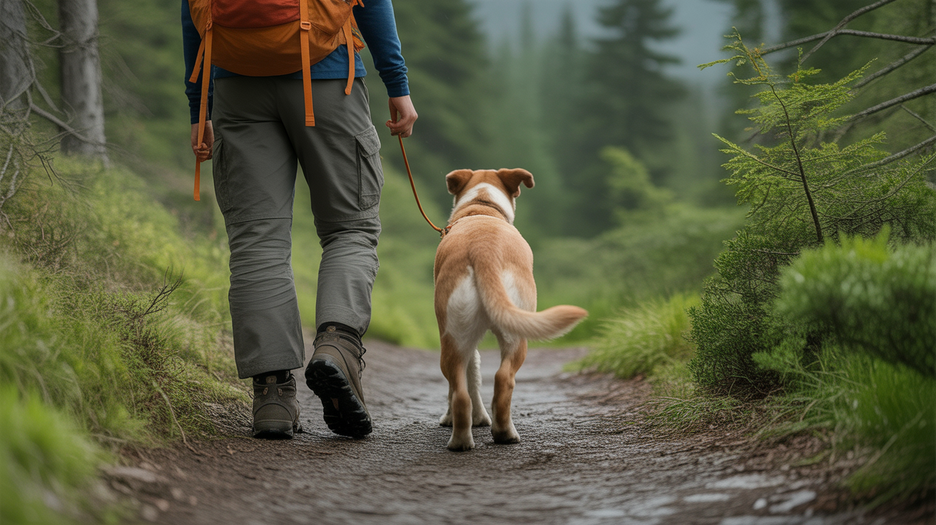 hiker walking dog on leash on dog-friendly hiking trail through forest