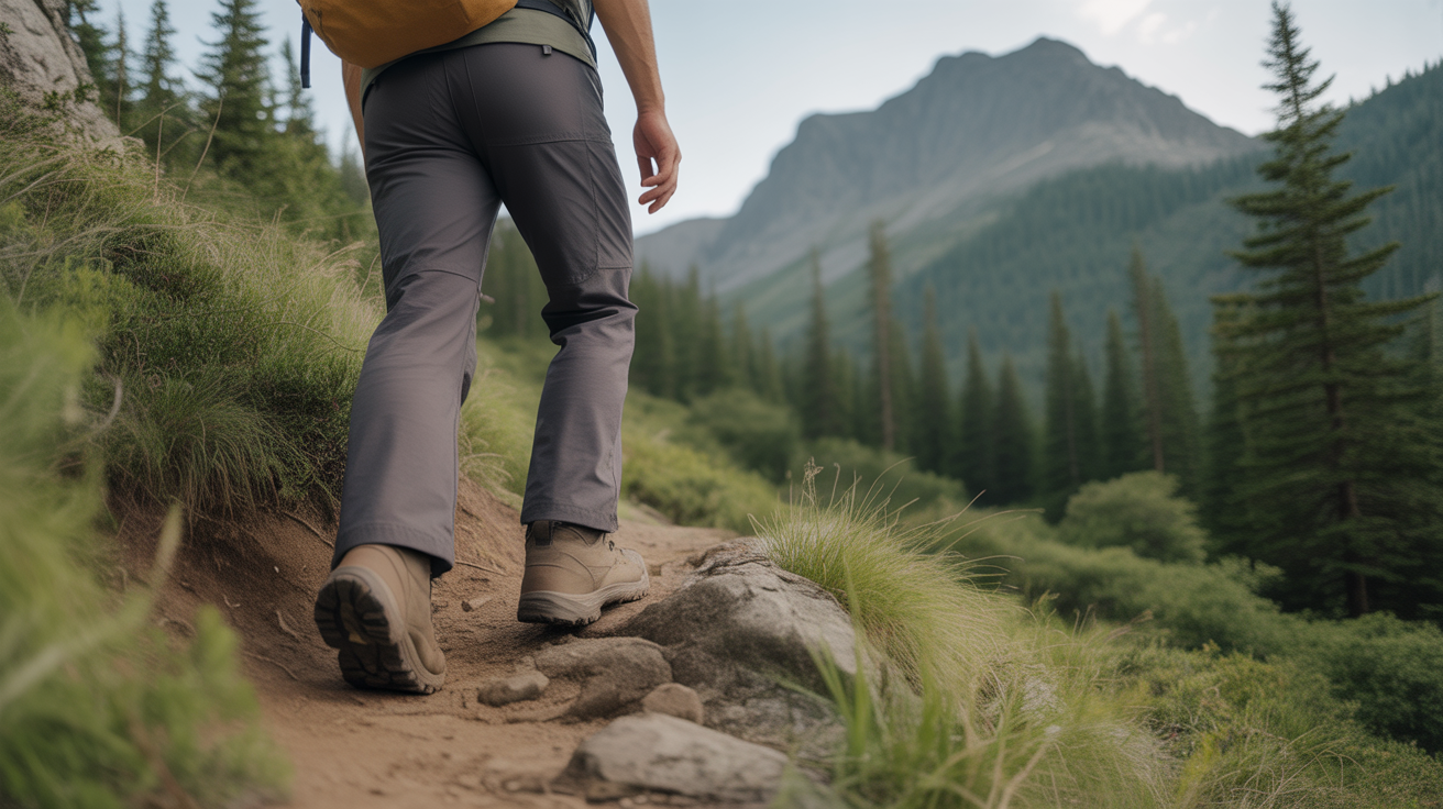 hiker demonstrating how to hike efficiently uphill on forest trail with proper body position