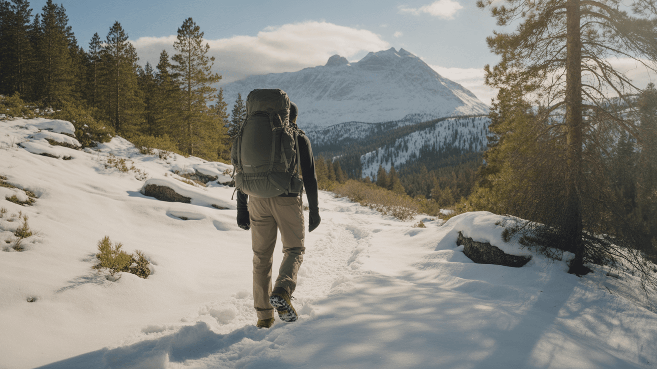 Hiker in winter gear learning how to hike in cold weather on snowy mountain trail