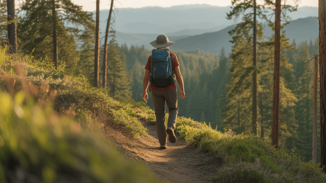 hiker wearing proper clothing and hat walking on forest trail in early morning learning how to hike in hot weather