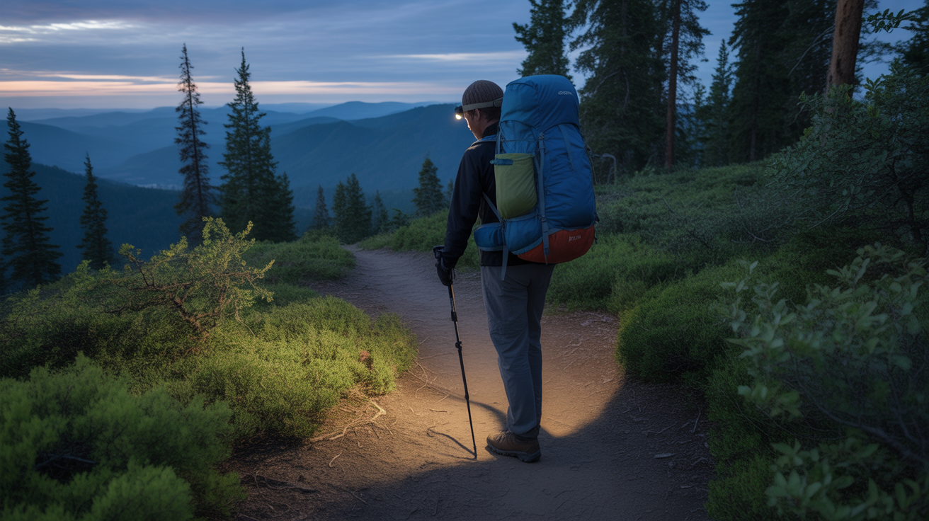 hiker with headlamp learning how to hike in the dark on forest trail at dusk