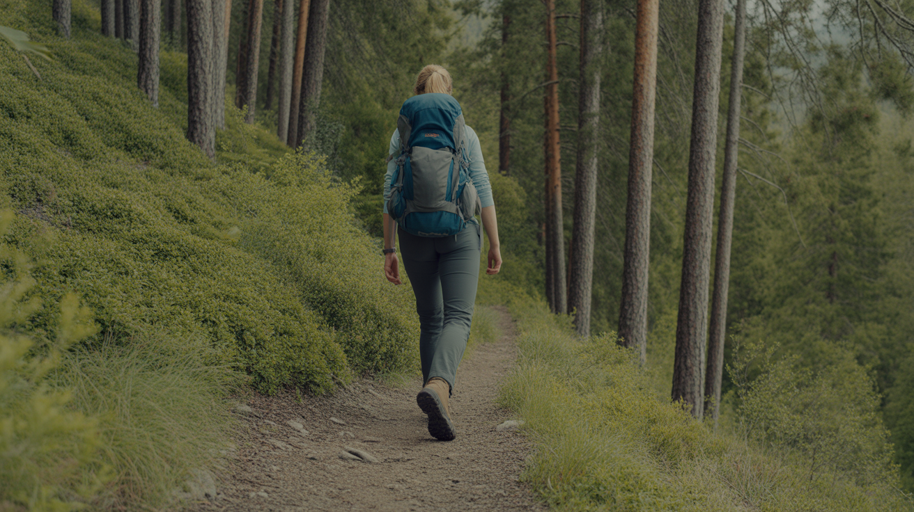 woman hiking safely alone on forest trail with backpack and proper gear