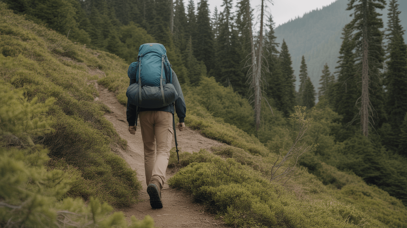 hiker demonstrating proper technique for how to hike uphill efficiently on mountain trail