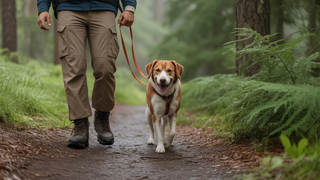 owner leash training a dog for hiking on a peaceful forest trail with dog walking calmly beside them