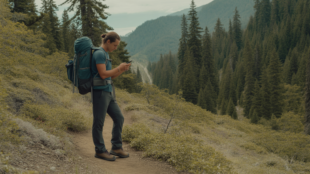 hiker checking offline GPS navigation without cell service on remote forest trail