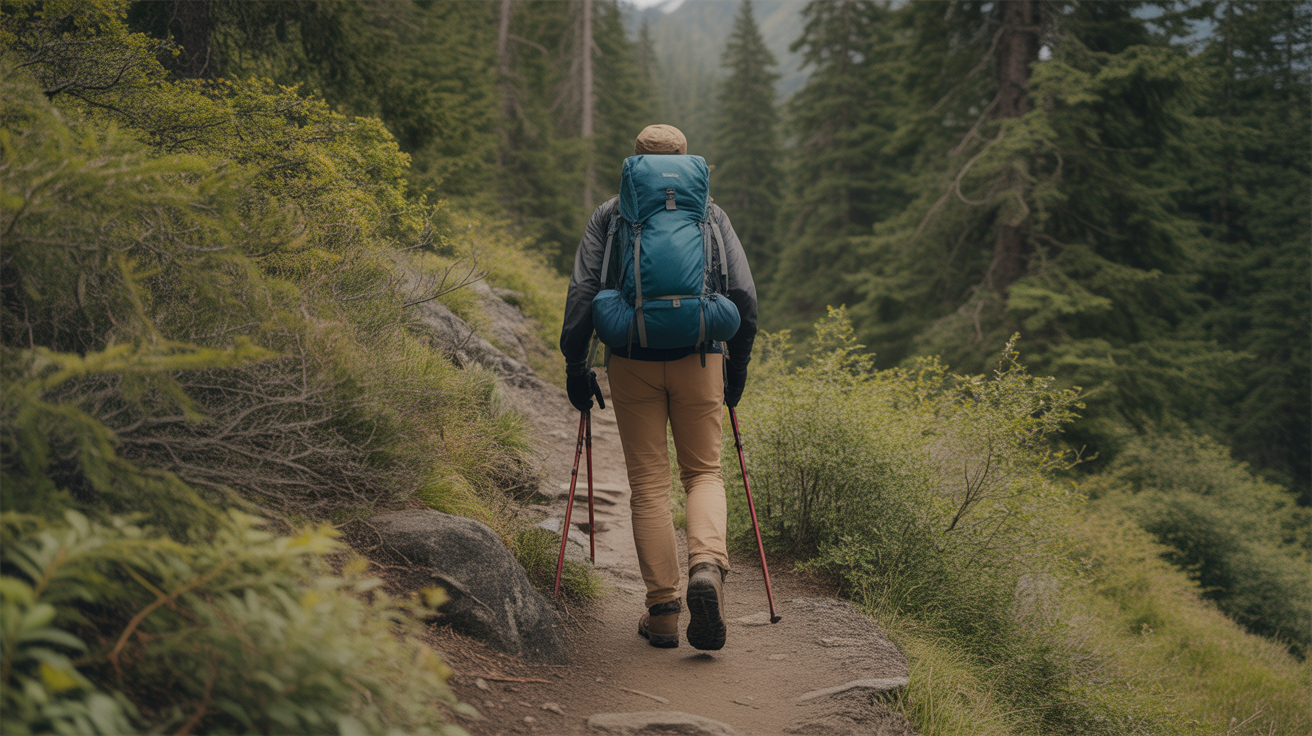 hiker pacing themselves on a long hike through forest trail