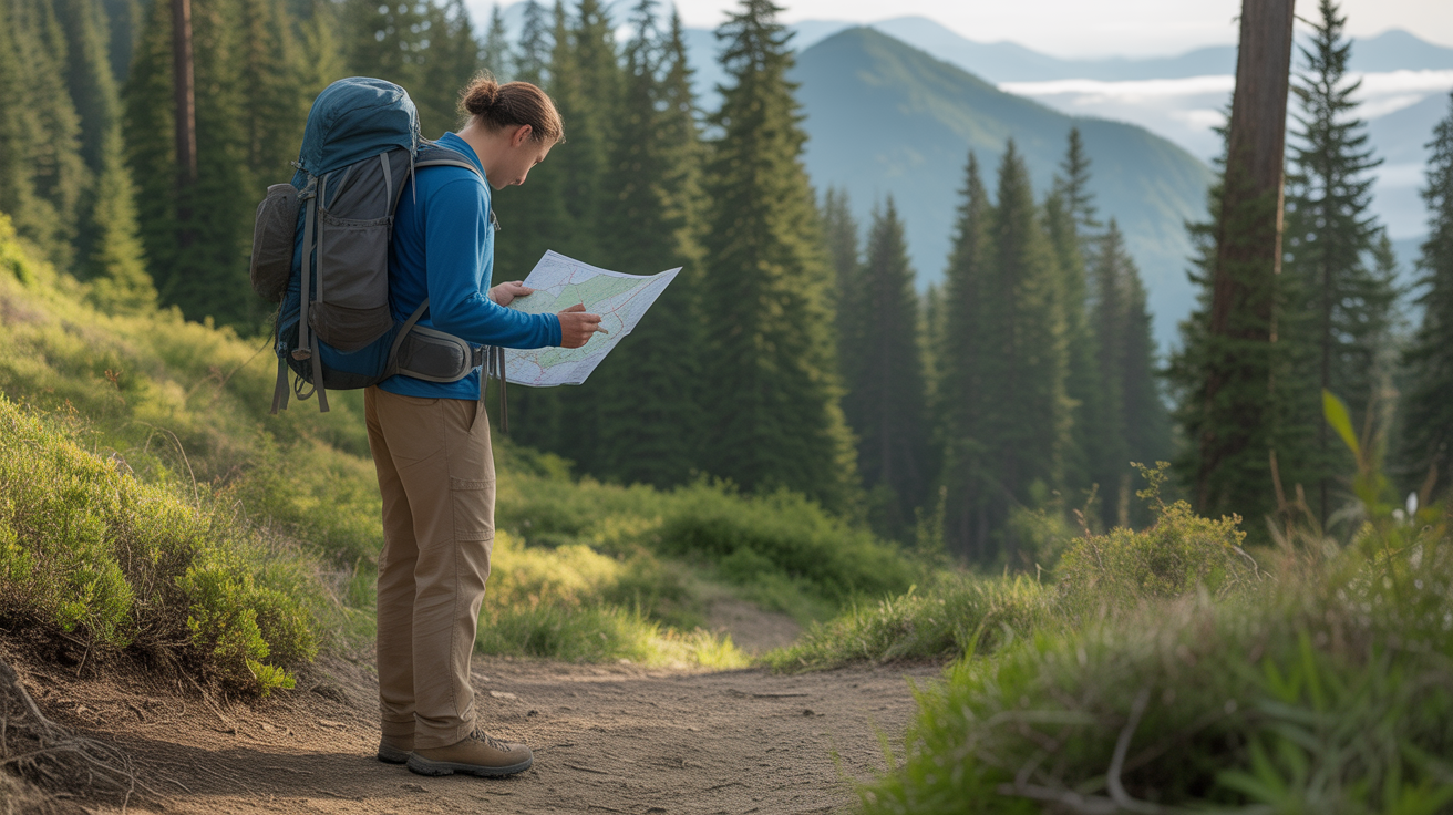 hiker planning a hiking trip by reviewing trail map at trailhead in forest setting
