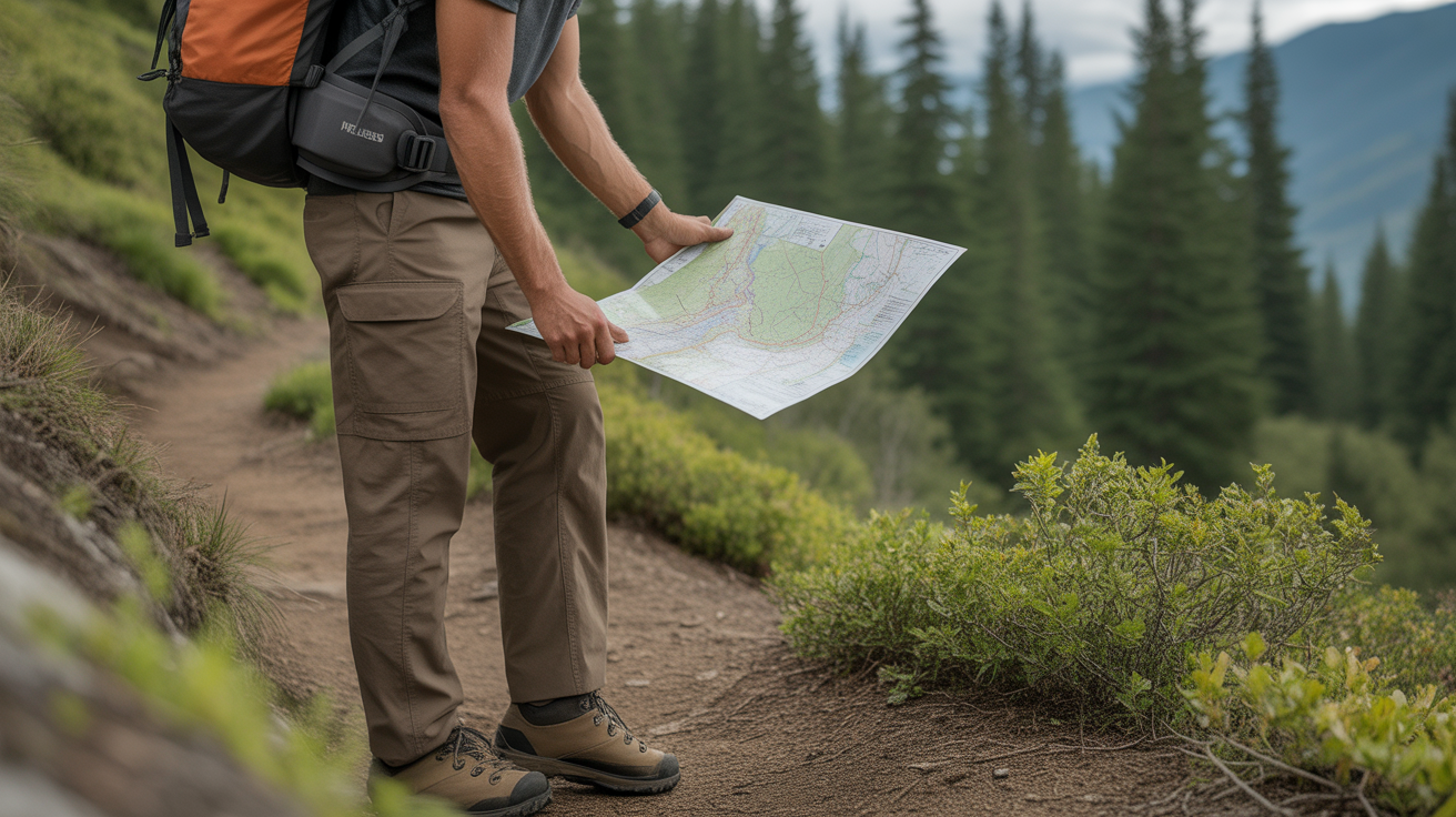 hiker reading a topographic map on a forest trail to understand how to read a topographic map for hiking