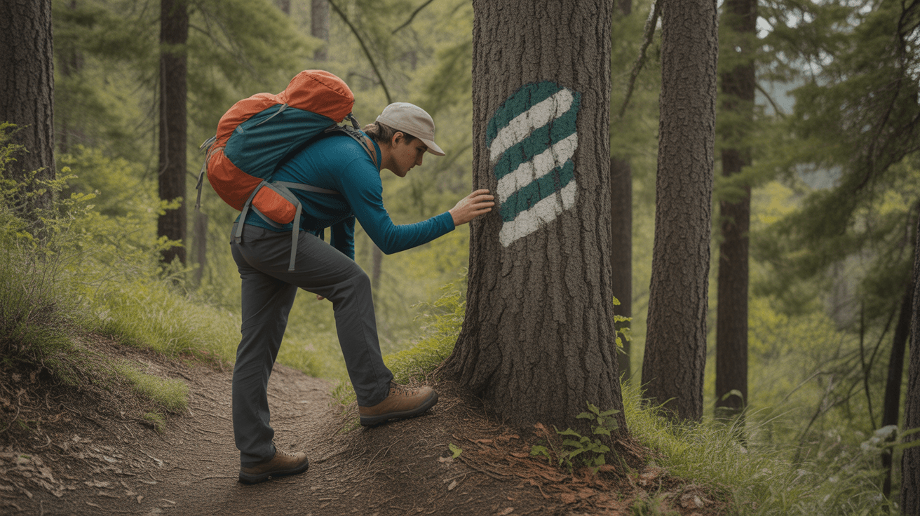 hiker reading trail markers and blazes on tree in forest