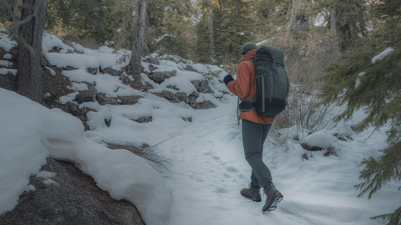 hiker dressed in winter layers walking on snowy forest trail demonstrating how to stay warm hiking in winter