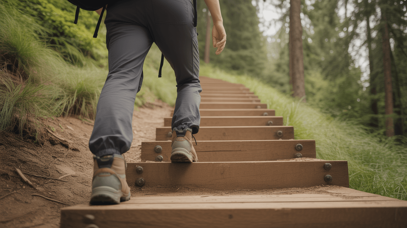 hiker training for hiking by climbing stairs on forest trail wearing proper hiking gear