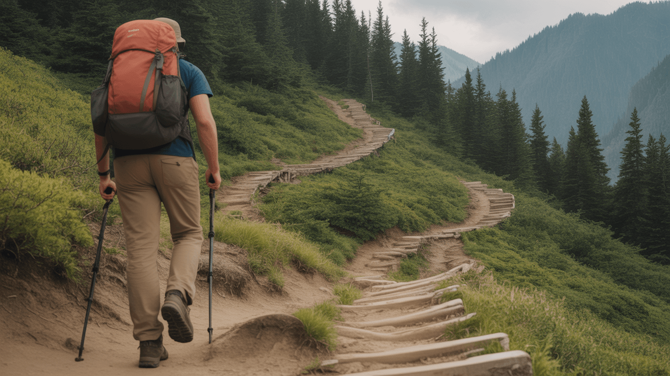 hiker ascending switchback trail through mountain forest showing zigzagging path design