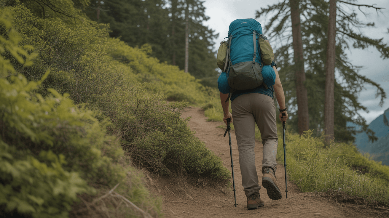 hiker walking uphill on forest trail showing what muscles does hiking work