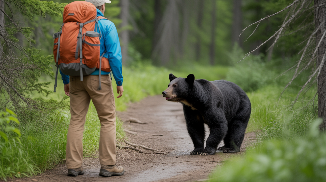 hiker encountering a bear on a forest trail while hiking in bear country