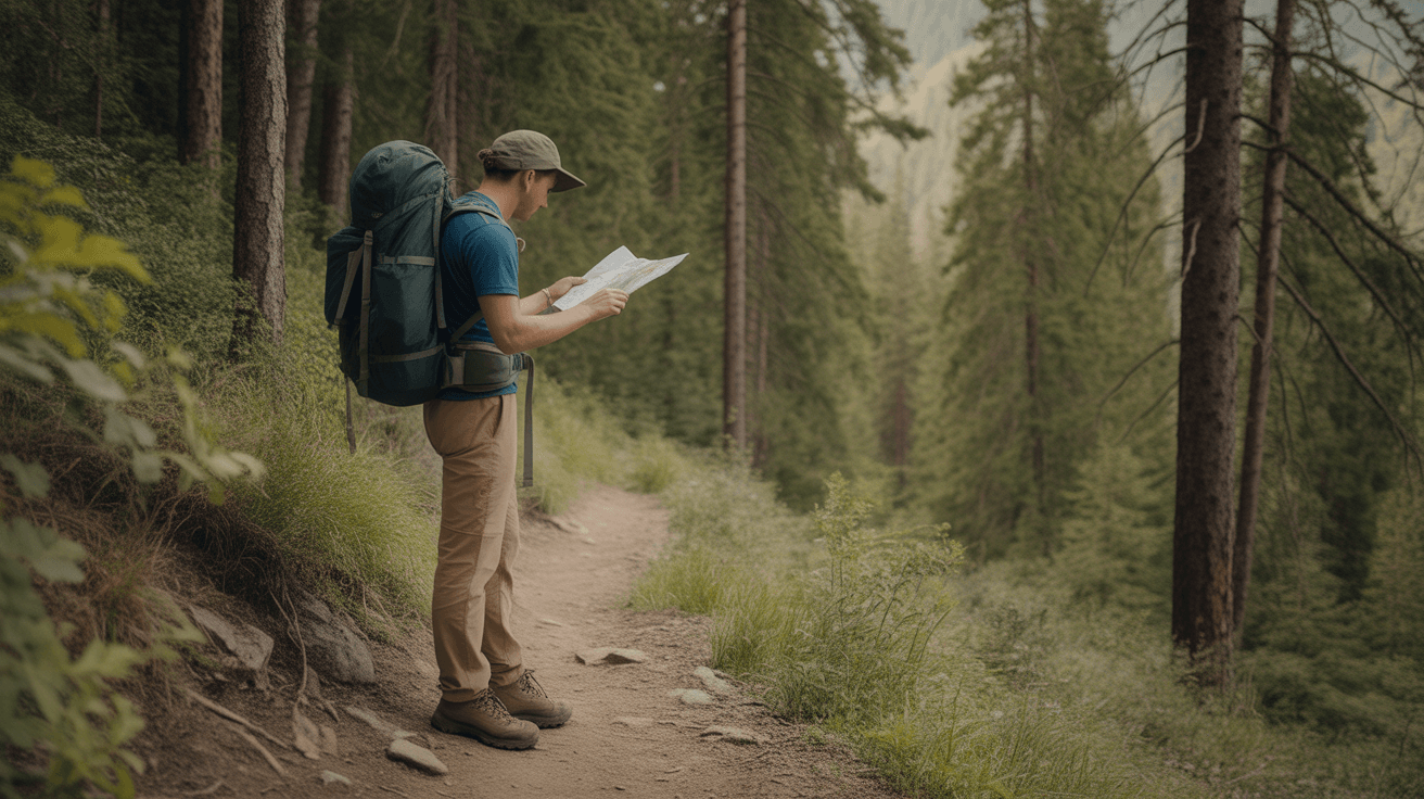 hiker checking trail map after getting lost on a forest trail